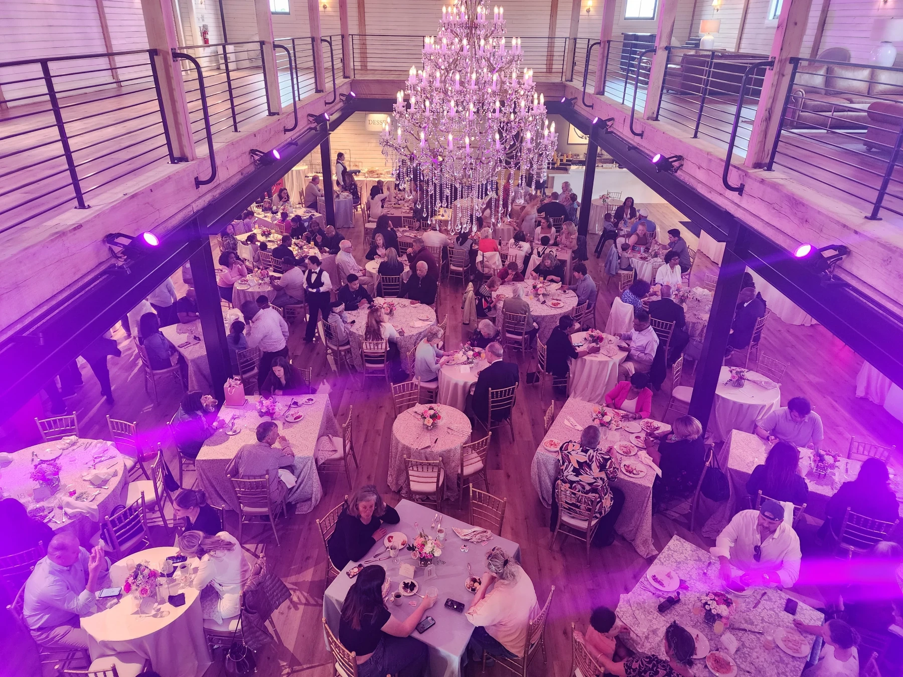 The main hall set for a wedding reception