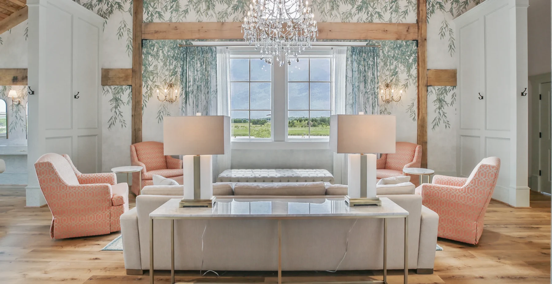 The Bridal Suite, complete with couch, overstuffed chairs, and hair and makeup chairs and mirrors