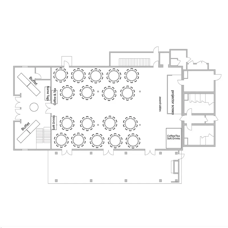 <p>180 guest floor plan with buffet, large projector screen, patio access</p>