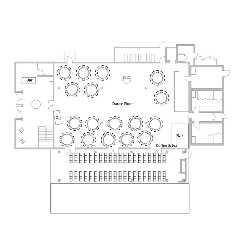170 guests with seated dinner inside for reception, outside for ceremony on the patio by the fireplace