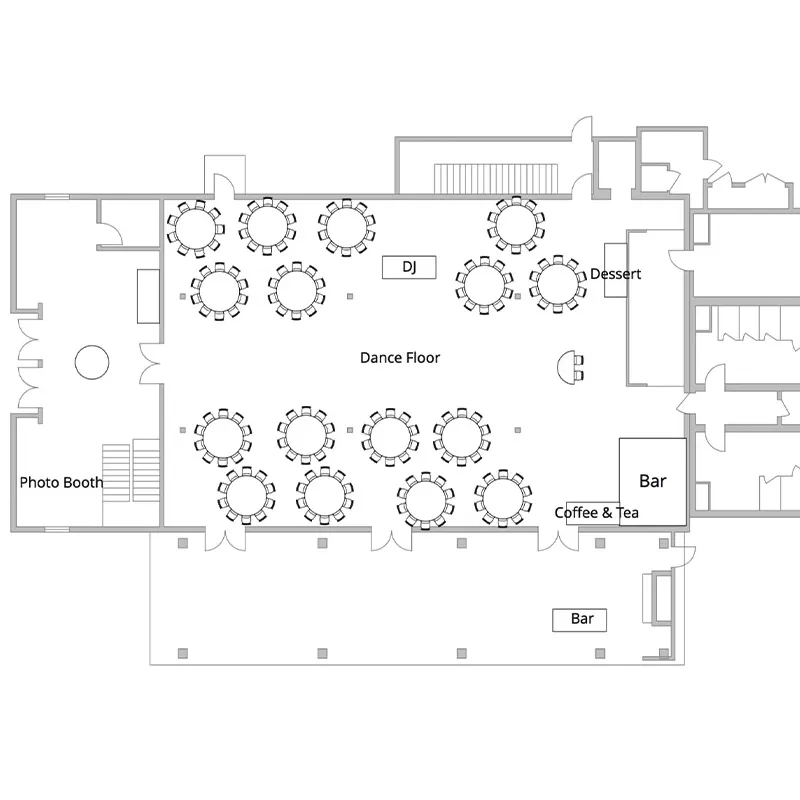 DJ, dance floor, and bar areas