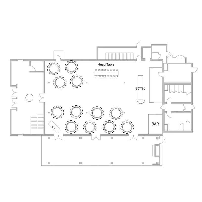 <p>140 guest floor plan with buffet, head table, and bar</p>