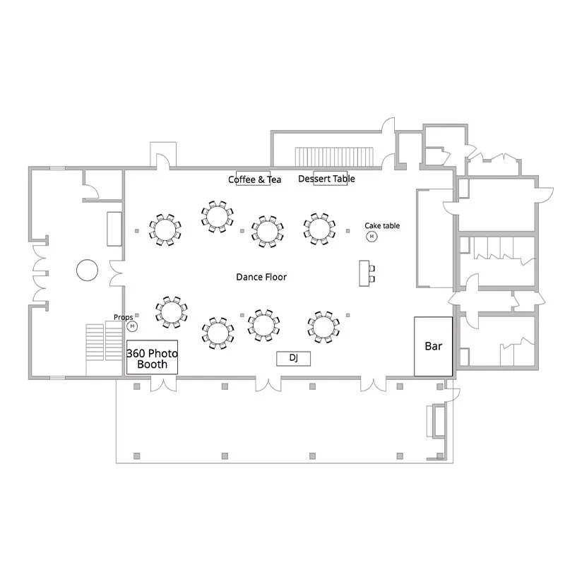 80-100 person reception with bar, photo booth, DJ, and buffet tables