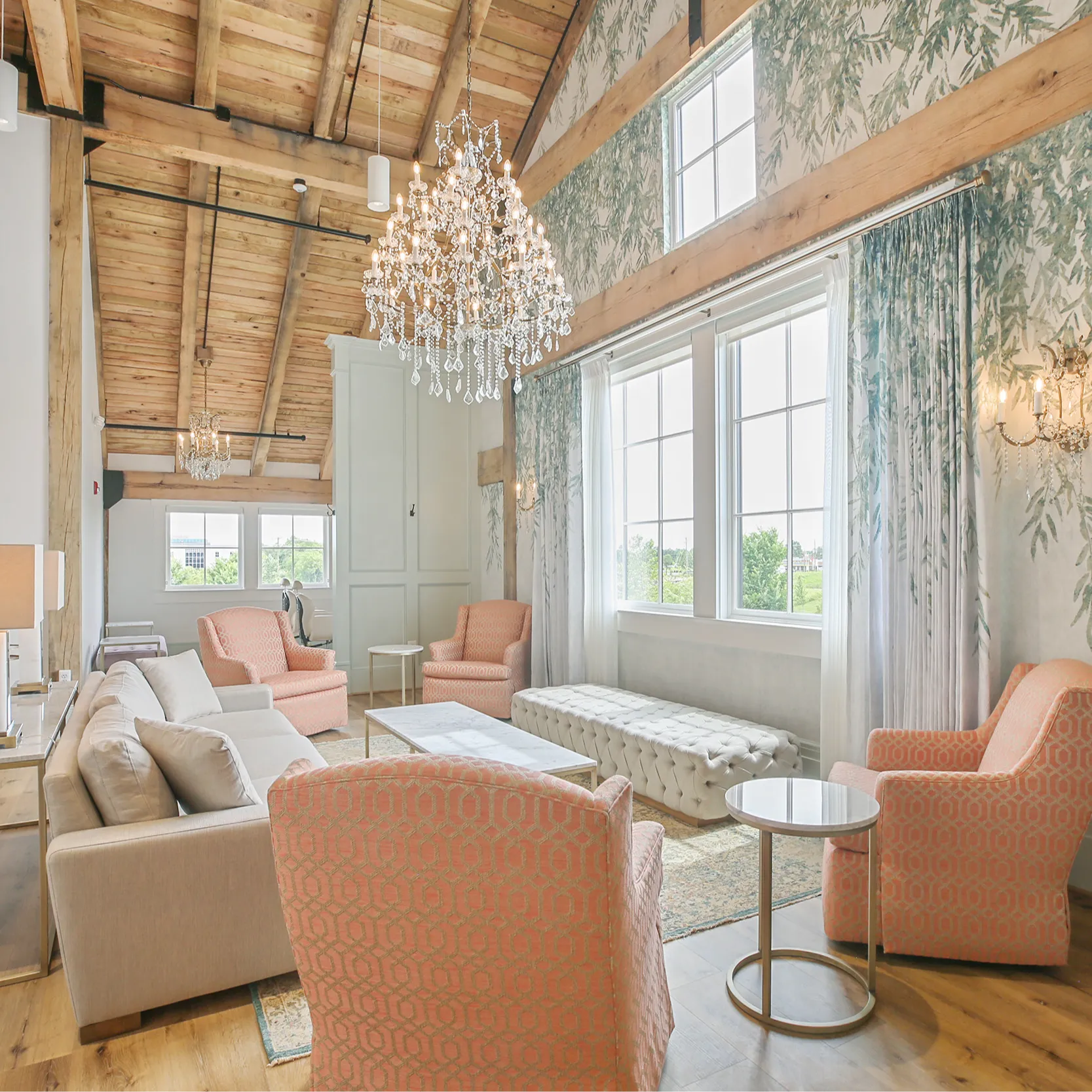 The bridal suite at Brentsville Hall offers couches to relax in and barber chairs for hair and makeup.